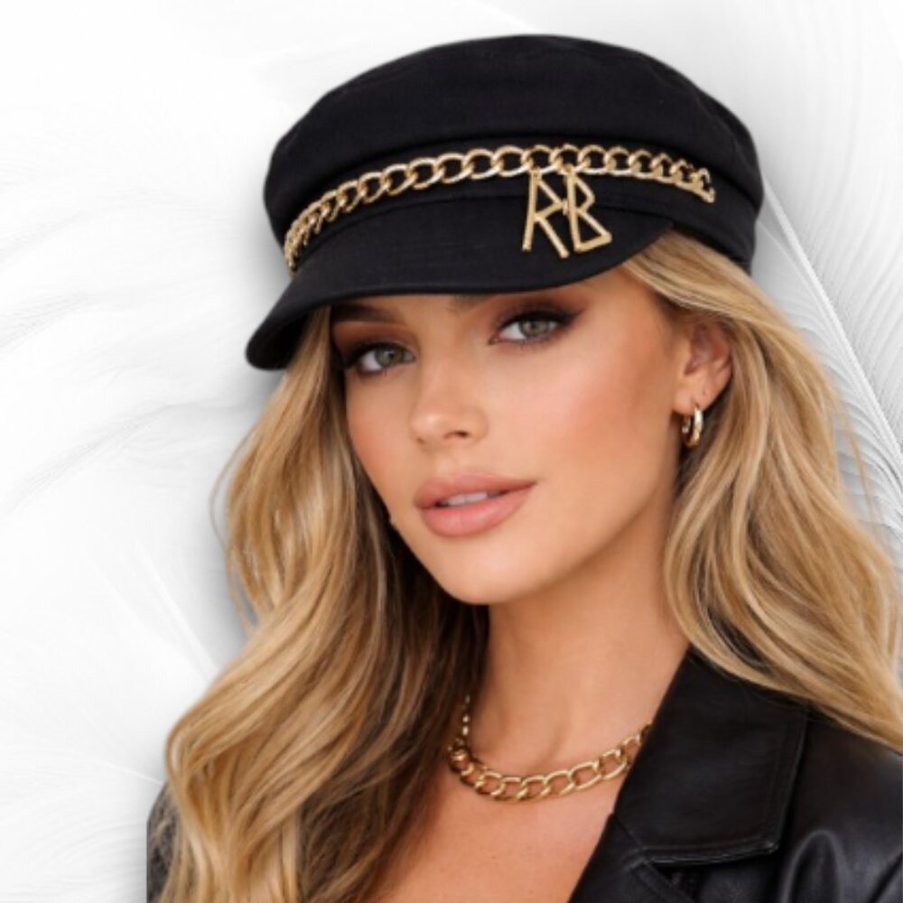Black Chain Detail Baker Boy Hat Gold Accent Military Style Cap